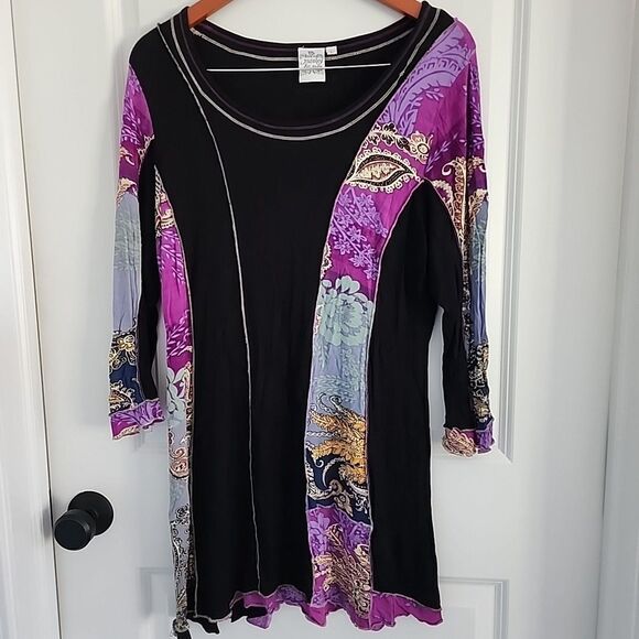 Parsley & Sage Black Multicolor Tunic Blouse Art To Wear Paisley Size L Boho - Picture 1 of 6